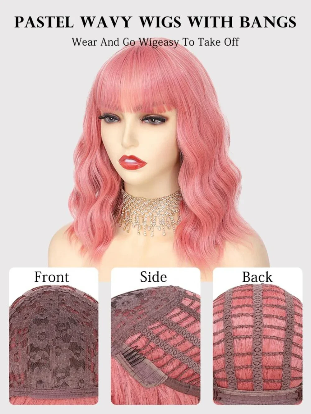 Women's Pink 14 Inch Short Shoulder Length Synthetic Bangs Wavy Bob Wig